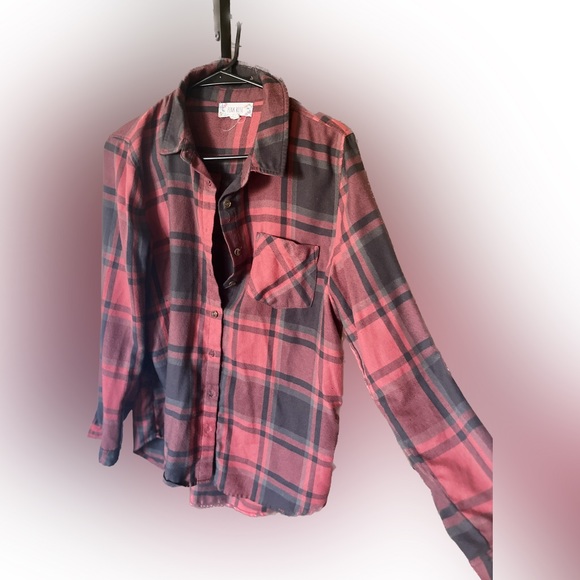 Vintage Wash Red and Black Flannel Plaid Button Down Top - Picture 2 of 2